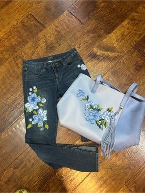 Cache Dark Wash Skinny Jeans with Blue Floral Embroidery